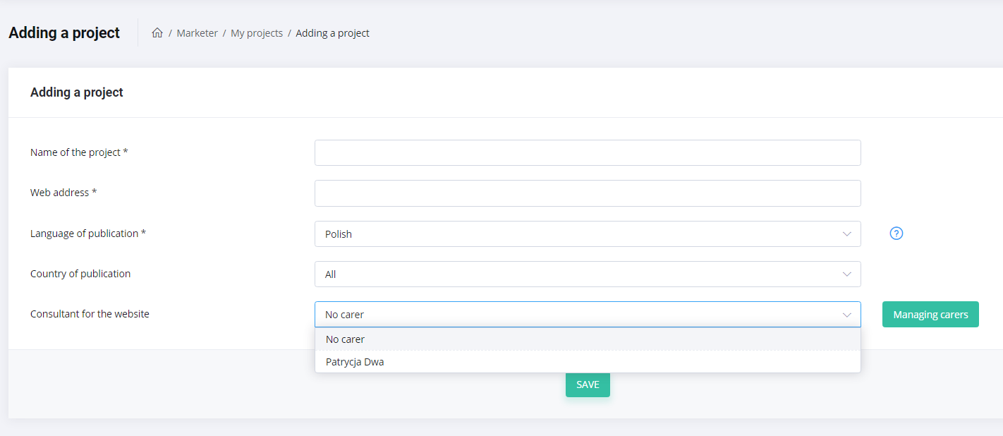Adding a project in WhitePress® platform - screenshot