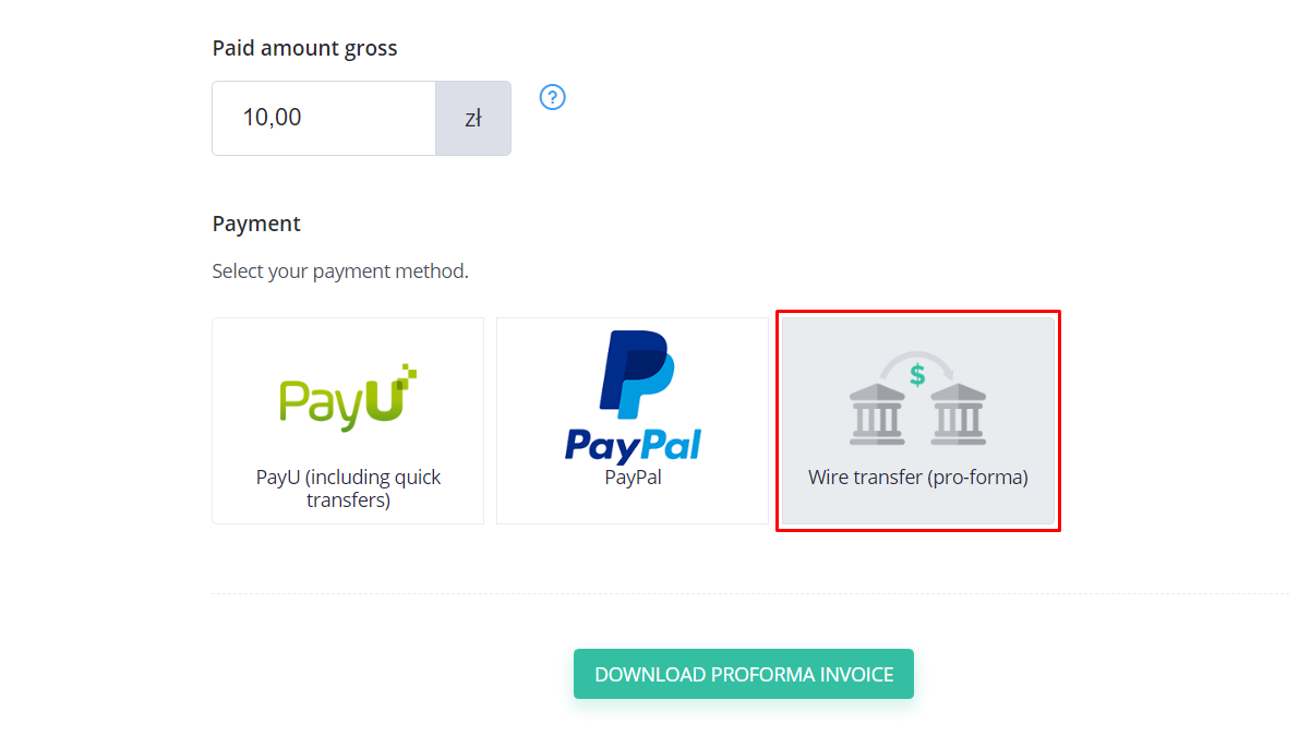Screenshot of the deposit of funds tab